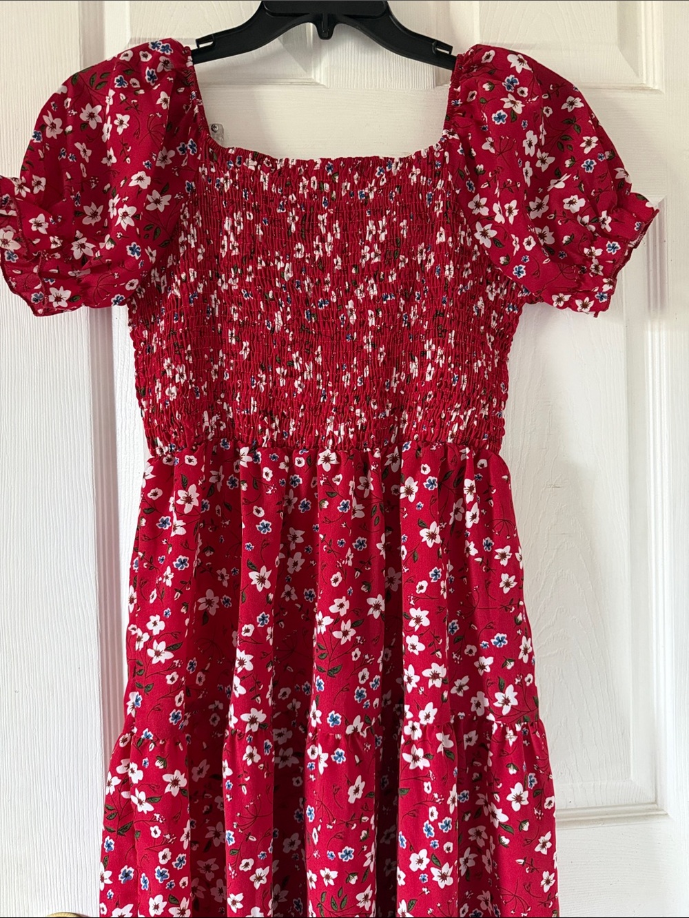 Red Floral Smocked Puff-Sleeve Dress XL